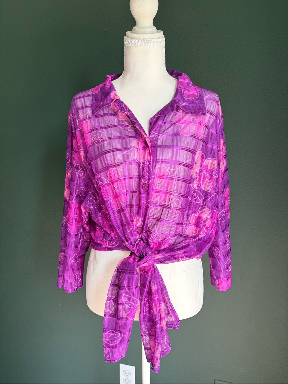 Figure Magic Sheer Purple Pink Floral Mesh Cover Up Tunic 1X Y2K